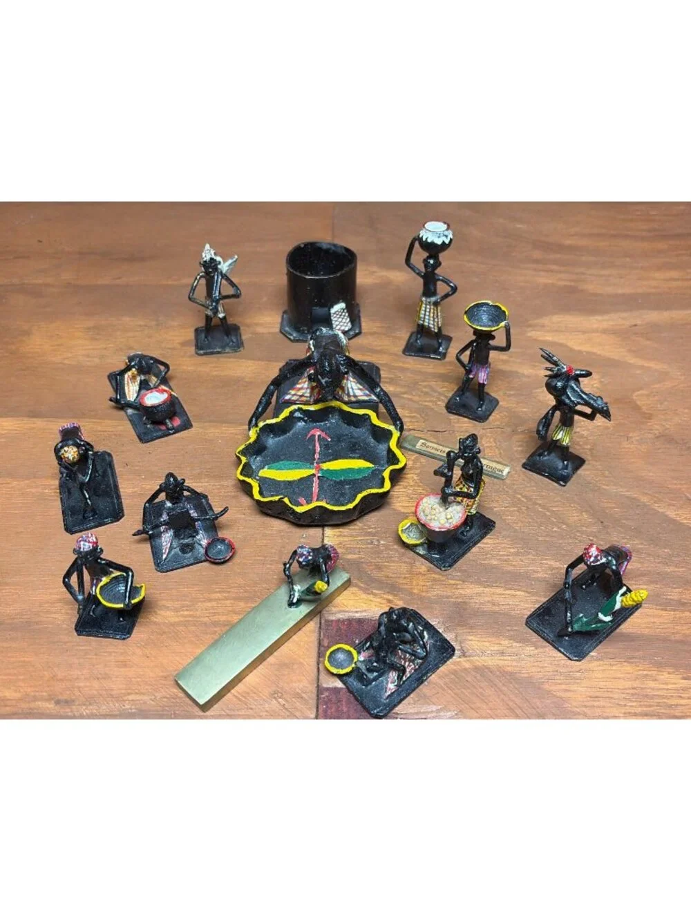 Vintage West African Ashanti Style Painted Bronze Brass Tribal Figures Set of 14